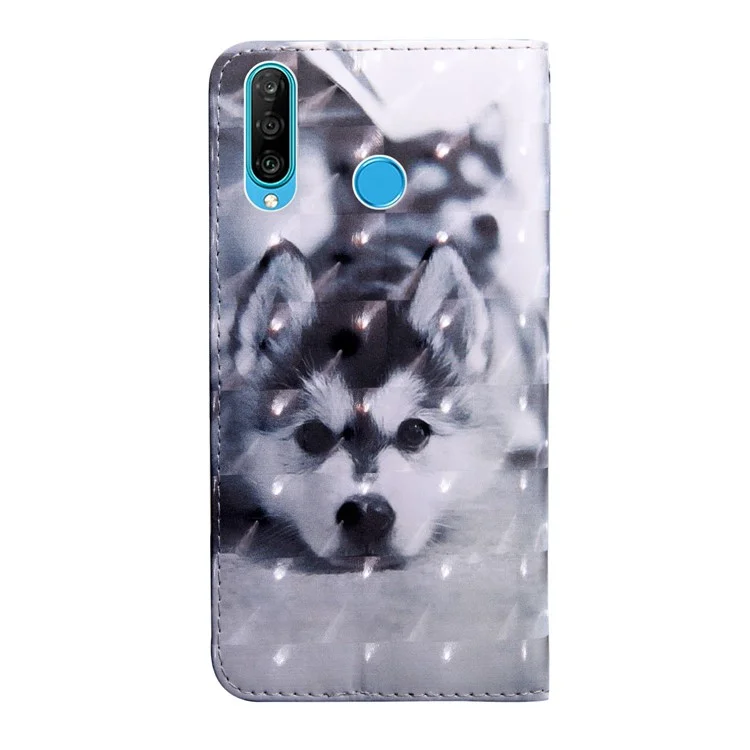 Light Spot Decor Station de Cuero Estampado Case Para Huawei P30 Lite New Edition/P30 Lite/nova 4e - Lobo Blanco y Negro
