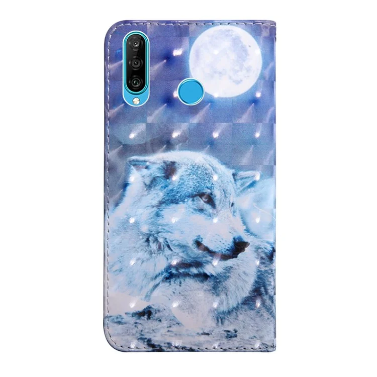 Light Spot Decor Patterned Leather Wallet Stand Case for Huawei P30 Lite New Edition/P30 Lite/nova 4e - White Wolf