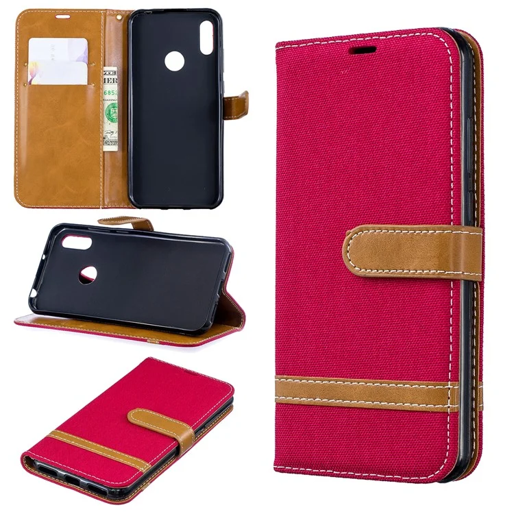 Two-tone Jean Cloth PU Leather Mobile Case for Huawei Y6 (2019, with Fingerprint Sensor) / Y6 Prime (2019) - Red