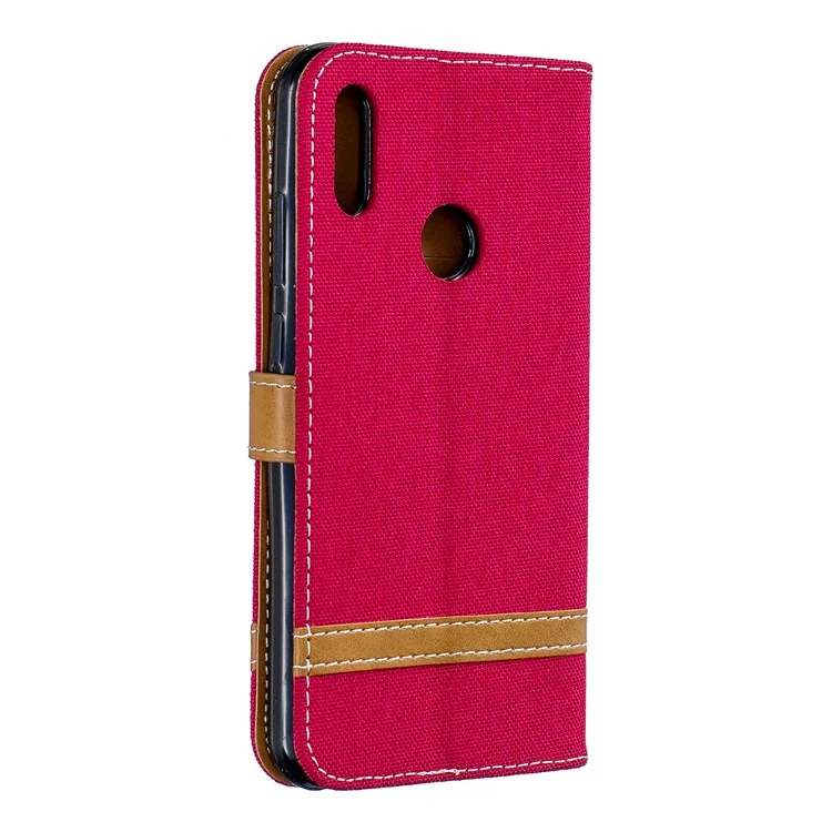 Two-tone Jean Cloth PU Leather Mobile Case for Huawei Y6 (2019, with Fingerprint Sensor) / Y6 Prime (2019) - Red