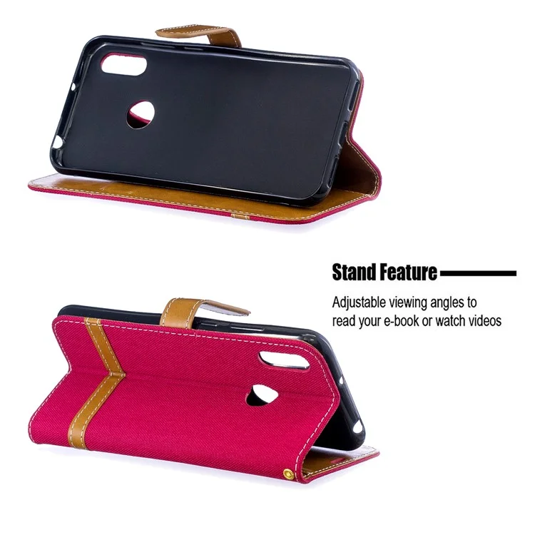 Two-tone Jean Cloth PU Leather Mobile Case for Huawei Y6 (2019, with Fingerprint Sensor) / Y6 Prime (2019) - Red