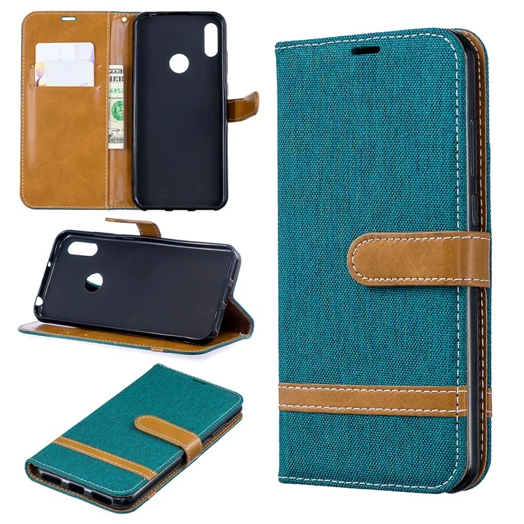 Two-tone Jean Cloth PU Leather Mobile Case for Huawei Y6 (2019, with Fingerprint Sensor) / Y6 Prime (2019) - Green