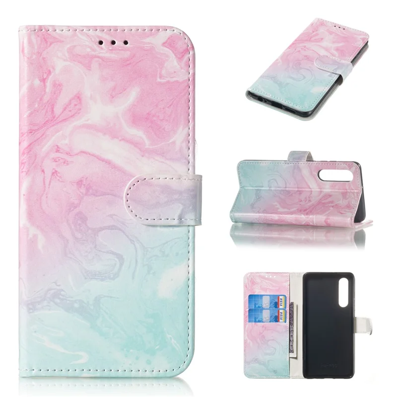 Pattern Printing Leather Wallet Stand Case for Huawei P30 - Pink / Blue Marble