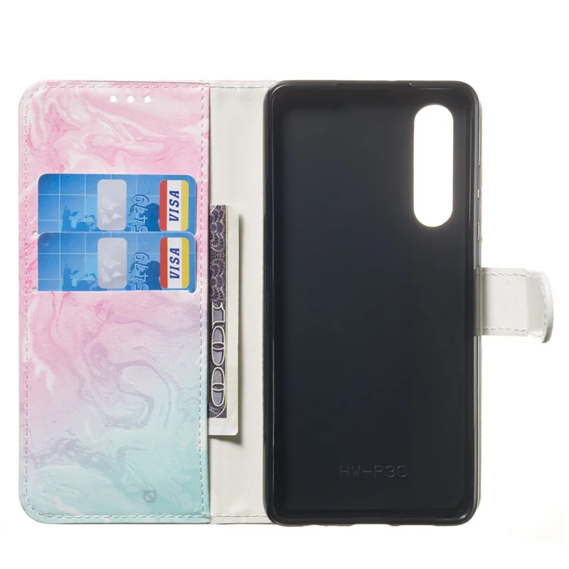 Pattern Printing Leather Wallet Stand Case for Huawei P30 - Pink / Blue Marble