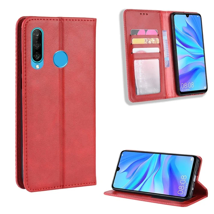 Concha de Teléfono de Cuero Vintage de Cuero Absorbido Automáticamente Para Huawei P30 Lite/nova 4e/P30 Lite Nueva Edición - Rojo