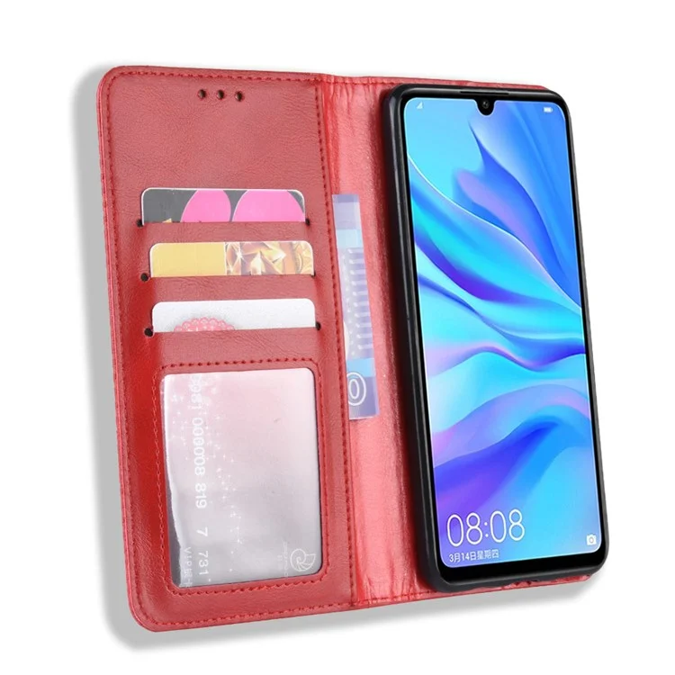 Concha de Teléfono de Cuero Vintage de Cuero Absorbido Automáticamente Para Huawei P30 Lite/nova 4e/P30 Lite Nueva Edición - Rojo