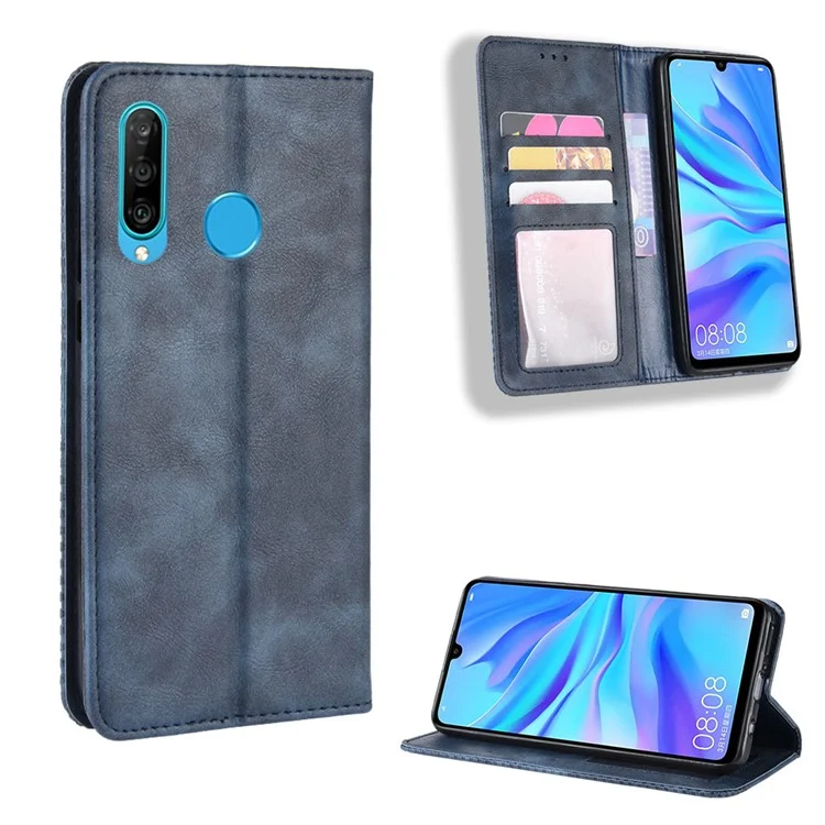 Desconto do Telefone da Carteira de Couro Vintage Automaticamente Absorvido Para Huawei P30 Lite/nova 4e/p30 Lite New Edition - Azul