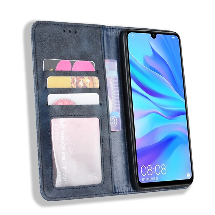 Auto-absorbed Vintage Leather Wallet Phone Shell for Huawei P30 Lite/nova 4e/P30 Lite New Edition - Blue