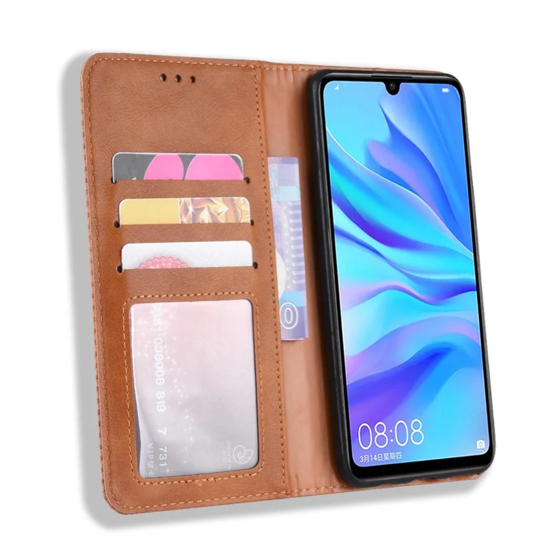 Automatisk tiltrækkende vintage lommebogstelefonbeskytning i læder til Huawei P30 Lite/nova 4e/P30 Lite New Edition - Brun