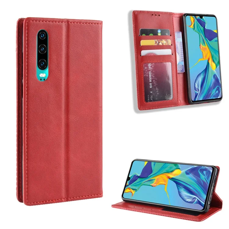 Cubierta de Teléfono Móvil de Billetera de Cuero Vintage Absorbido Automáticamente Para Huawei P30 - Rojo