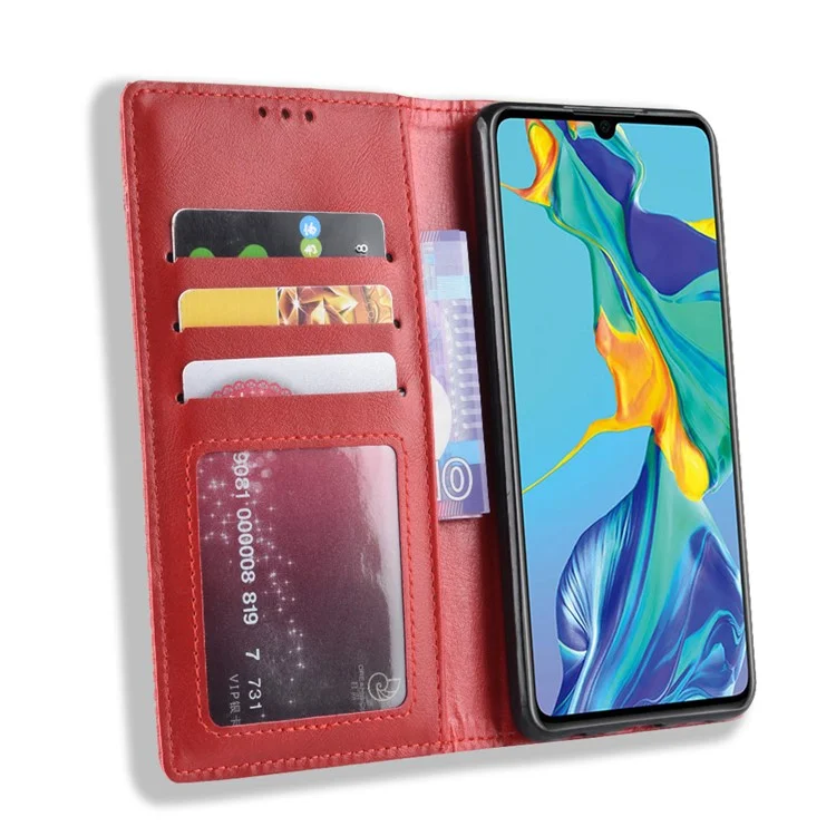 Auto-absorbed Vintage Leather Wallet Mobile Phone Cover for Huawei P30 - Red