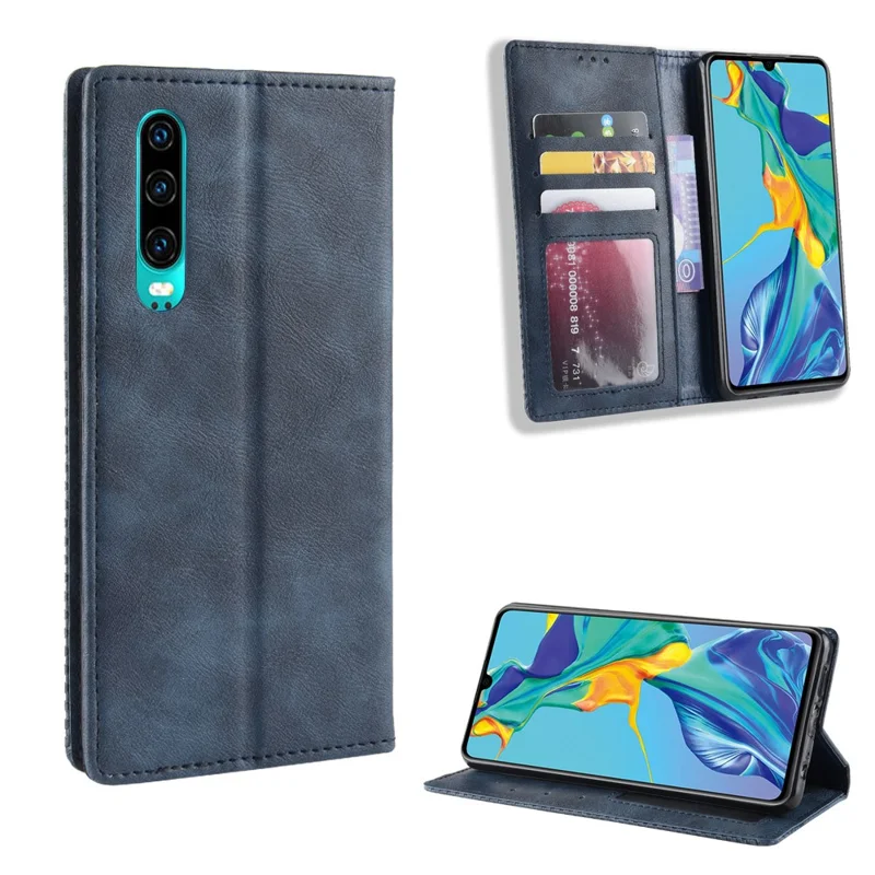 Auto-absorbed Vintage Leather Wallet Mobile Phone Cover for Huawei P30 - Blue