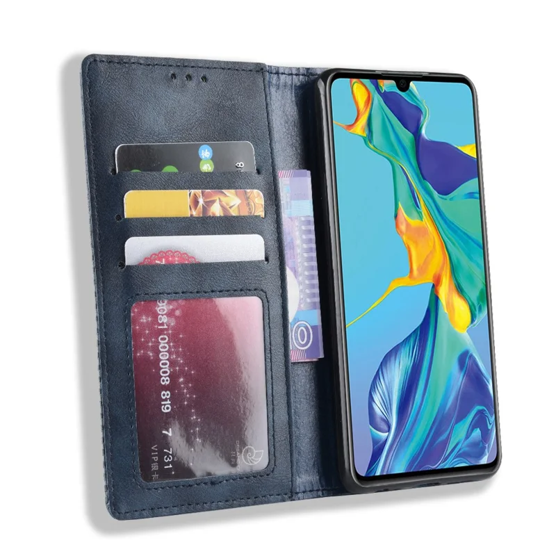 Auto-absorbed Vintage Leather Wallet Mobile Phone Cover for Huawei P30 - Blue