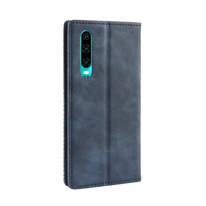 Auto-absorbed Vintage Leather Wallet Mobile Phone Cover for Huawei P30 - Blue
