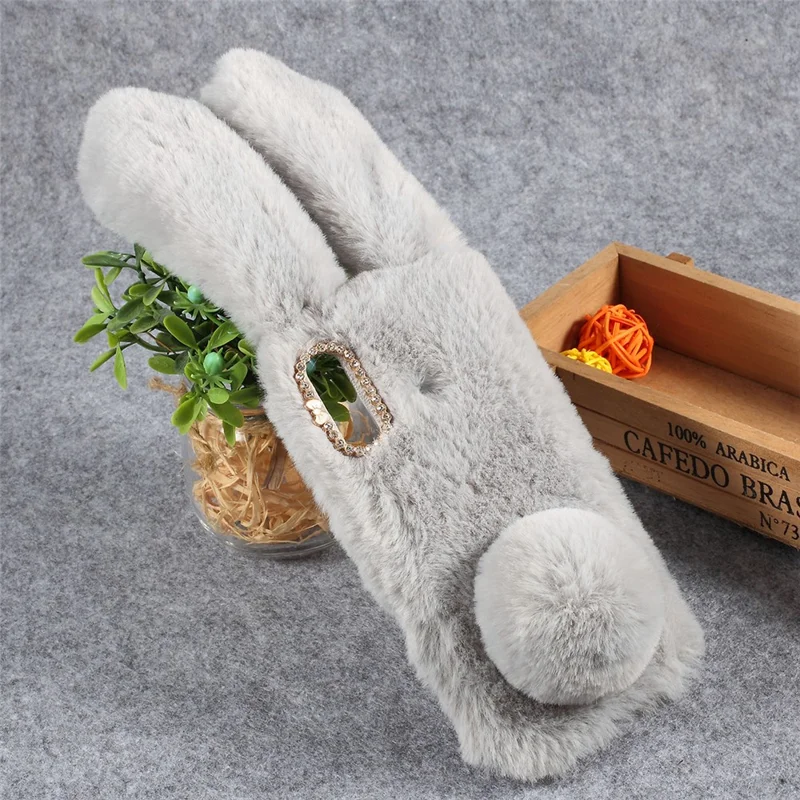 Rabbit Shape Fluffy Fur Coated Rhinestone TPU Case for Huawei P30 Lite/nova 4e/P30 Lite New Edition - Light Grey
