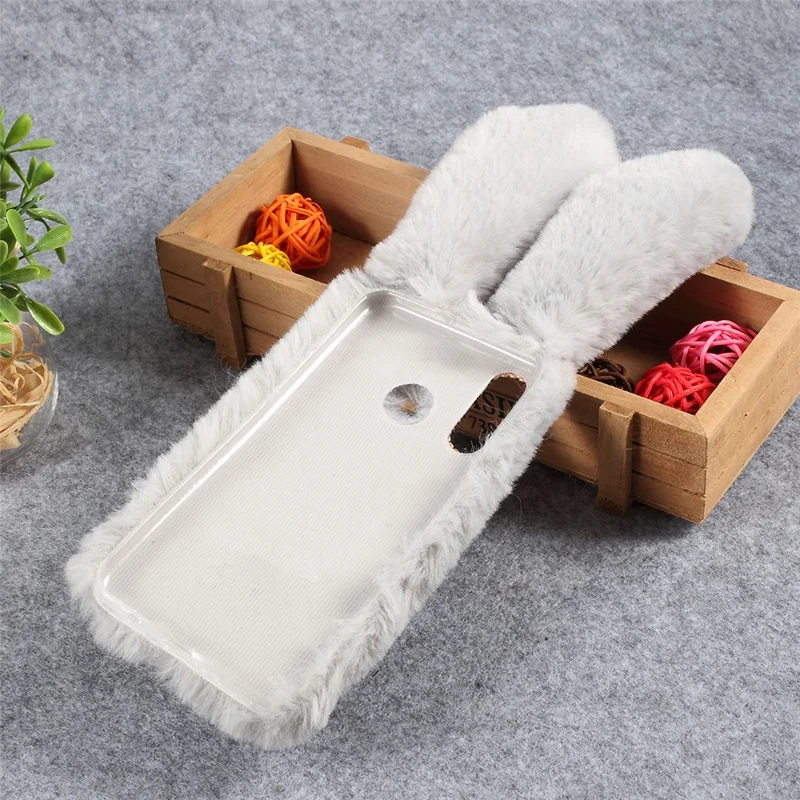 Rabbit Shape Fluffy Fur Coated Rhinestone TPU Case for Huawei P30 Lite/nova 4e/P30 Lite New Edition - Light Grey