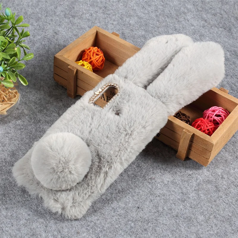 Rabbit Shape Fluffy Fur Coated Rhinestone TPU Case for Huawei P30 Lite/nova 4e/P30 Lite New Edition - Light Grey