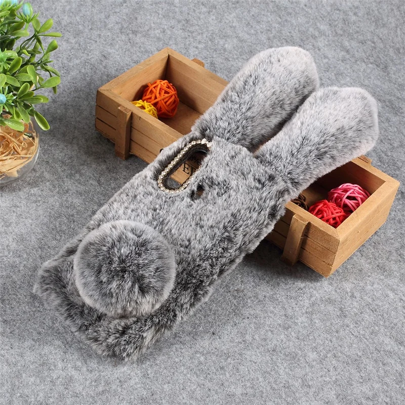 Rabbit Shape Fluffy Fur Coated Rhinestone TPU Case for Huawei P30 Lite/nova 4e/P30 Lite New Edition - Dark Grey