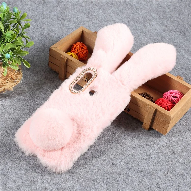 Funda de TPU con forma de conejo, forrada de peluche con strass para Huawei P30 Lite/nova 4e/P30 Lite New Edition - Rosa