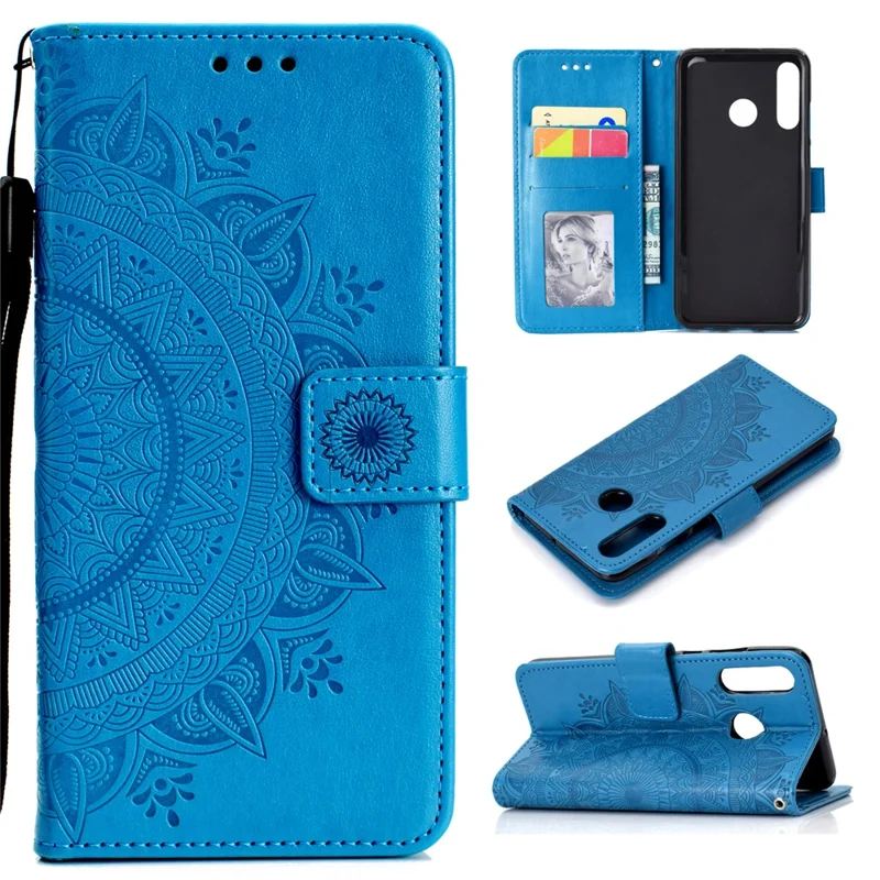 Imprint Flower Leather Wallet Case for Huawei P30 Lite - Blue