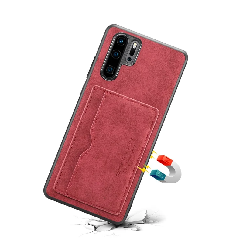 Card Holder PU Leather Coated TPU Phone Shell with Kickstand for Huawei P30 Pro - Red