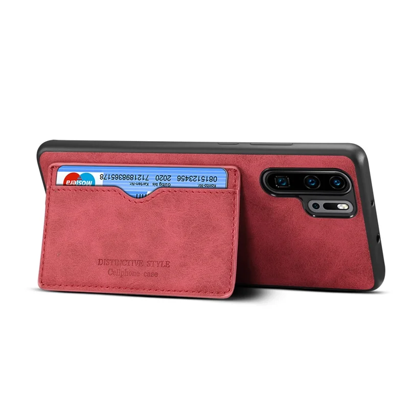 Card Holder PU Leather Coated TPU Phone Shell with Kickstand for Huawei P30 Pro - Red