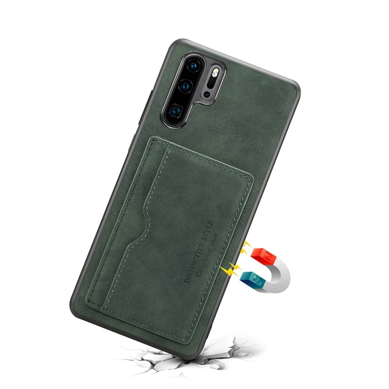 Card Holder PU Leather Coated TPU Phone Shell with Kickstand for Huawei P30 Pro - Green
