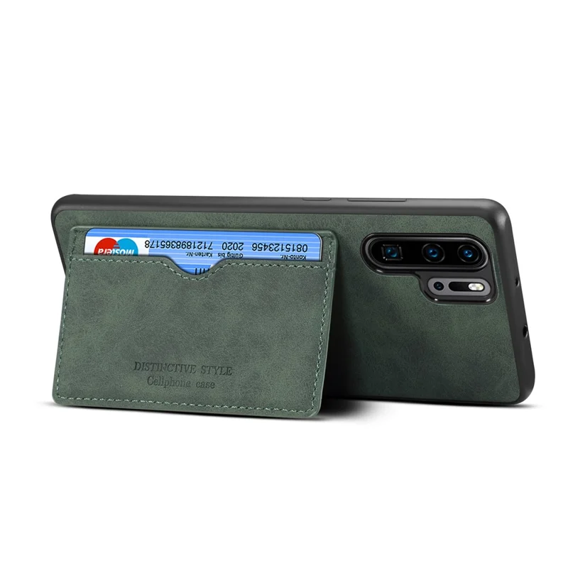 Card Holder PU Leather Coated TPU Phone Shell with Kickstand for Huawei P30 Pro - Green