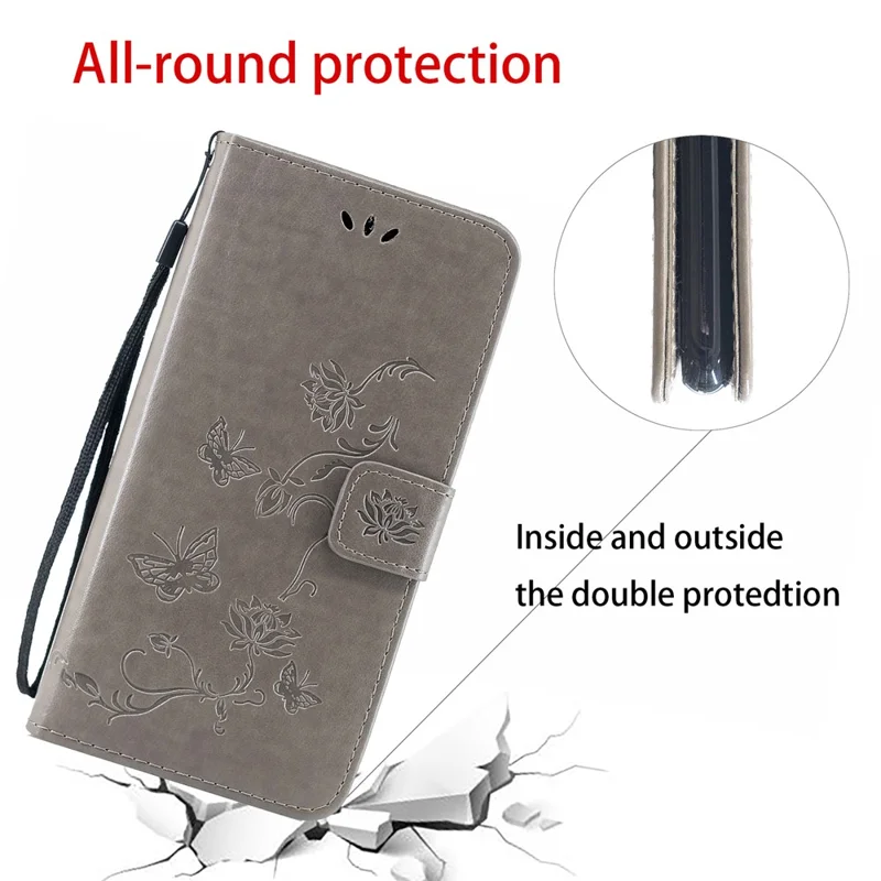 Imprint Butterfly Flowers Leather Wallet Case for Huawei P Smart (2019) / Nova Lite 3 (Japan) - Grey