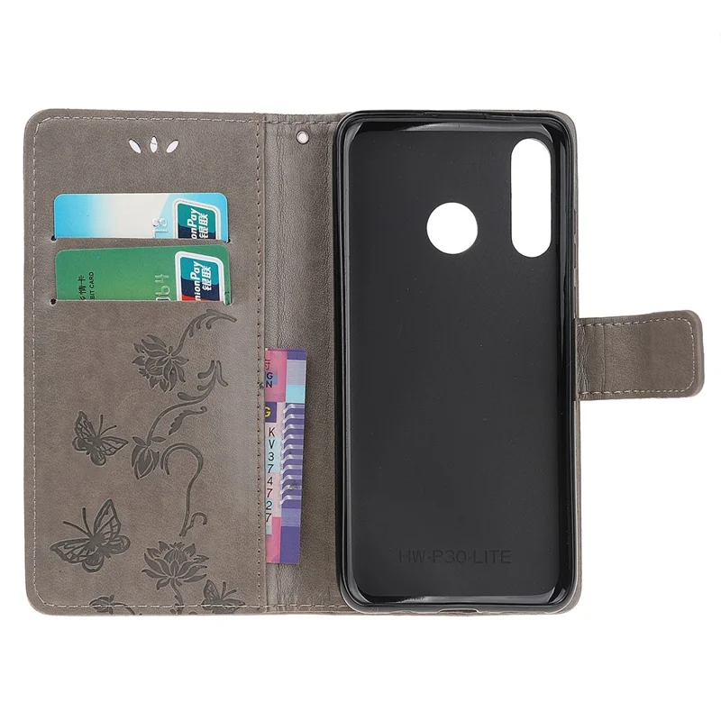 Imprint Butterfly Flowers Leather Wallet Case for Huawei P Smart (2019) / Nova Lite 3 (Japan) - Grey