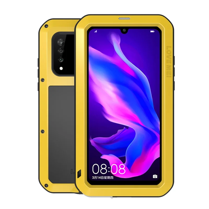 LOVE MEI Shockproof Dropproof Dustproof Metal + Silicone Case with Temepered Glass Film for Huawei P30 Lite New Edition / P30 Lite / nova 4e - Yellow