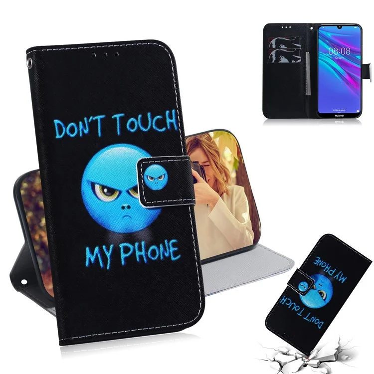 Pattern Printing PU Leather Folio Flip Case Cover for Huawei Y6 (2019, with Fingerprint Sensor) / Y6 Prime (2019) - Don't Touch My Phone