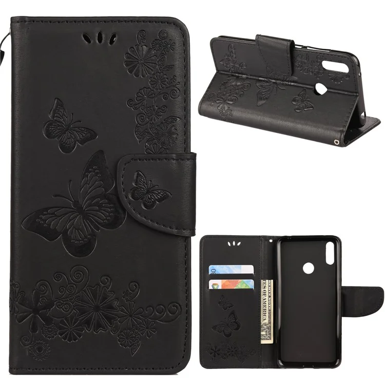 Empreinte Butterfly Flower le Cuir de Portefeuille Case de Téléphone Portable Pour Huawei Y7 (2019) - Noir