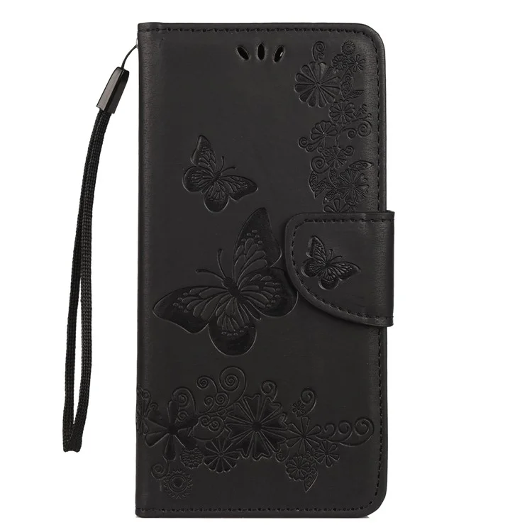 Empreinte Butterfly Flower le Cuir de Portefeuille Case de Téléphone Portable Pour Huawei Y7 (2019) - Noir