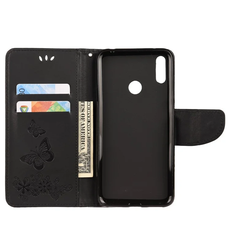 Empreinte Butterfly Flower le Cuir de Portefeuille Case de Téléphone Portable Pour Huawei Y7 (2019) - Noir