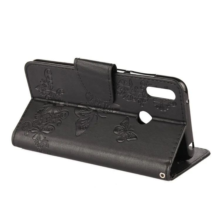 Empreinte Butterfly Flower le Cuir de Portefeuille Case de Téléphone Portable Pour Huawei Y7 (2019) - Noir