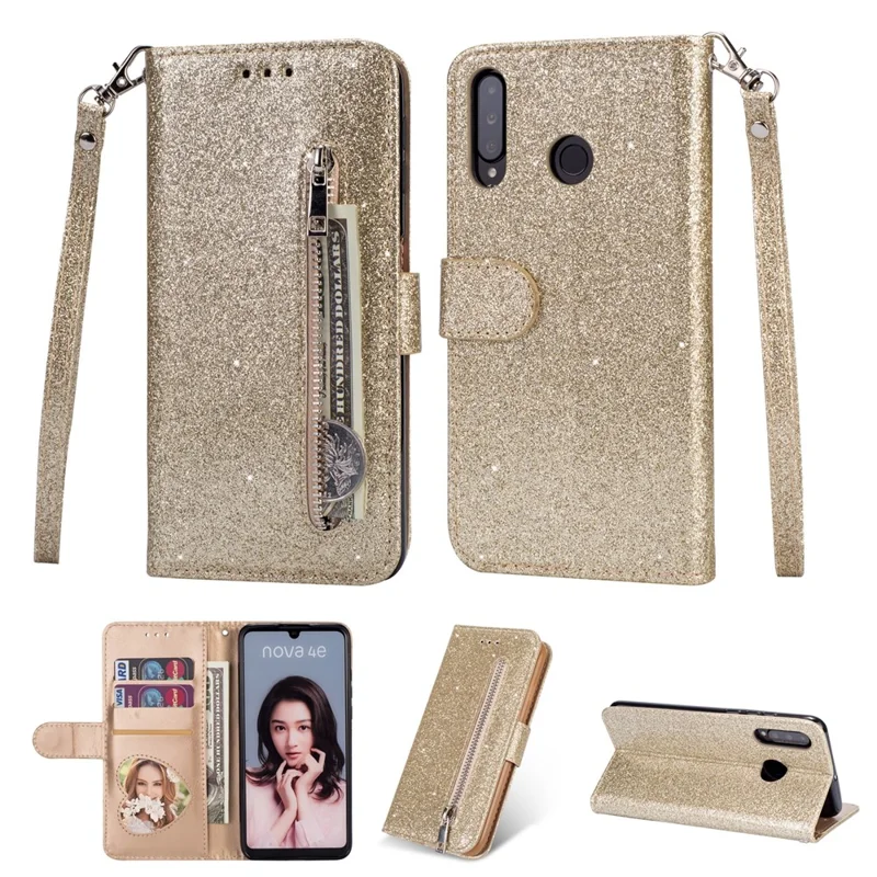Glitter Powder Zippered Stand Leather Wallet Case with Strap for Huawei P30 Lite / nova 4e - Gold