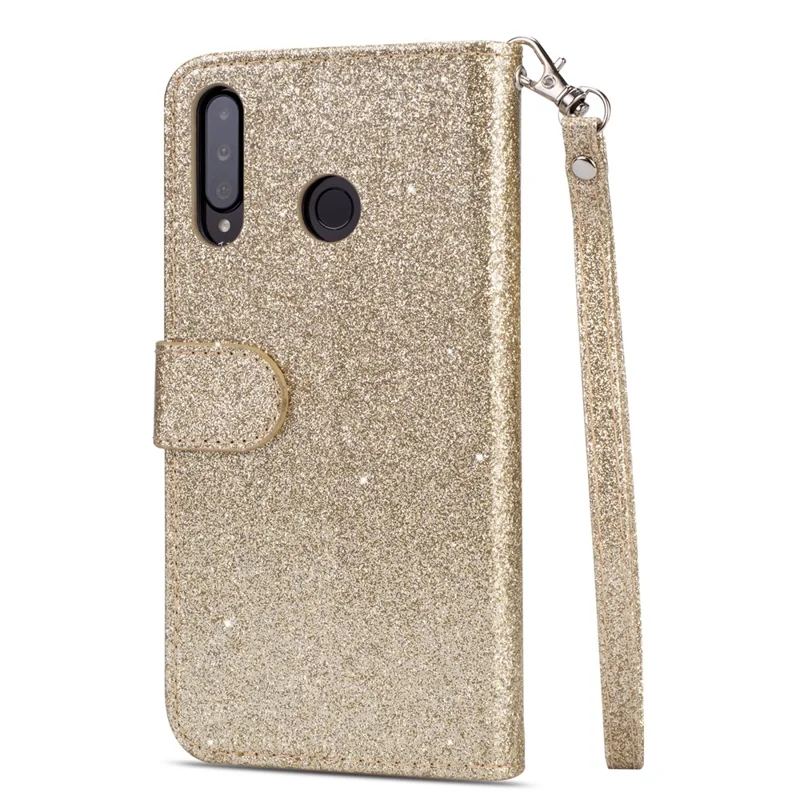 Glitter Powder Zippered Stand Leather Wallet Case with Strap for Huawei P30 Lite / nova 4e - Gold