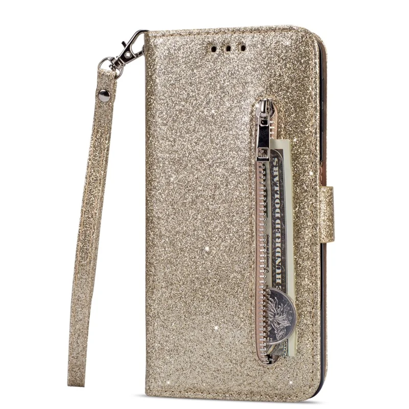 Glitter Powder Zippered Stand Leather Wallet Case with Strap for Huawei P30 Lite / nova 4e - Gold