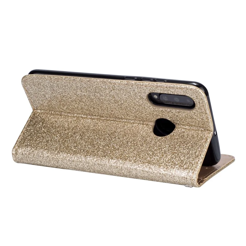 Glitter Powder Zippered Stand Leather Wallet Case with Strap for Huawei P30 Lite / nova 4e - Gold