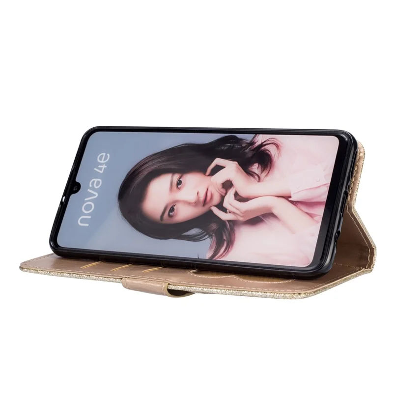 Glitter Powder Zippered Stand Leather Wallet Case with Strap for Huawei P30 Lite / nova 4e - Gold