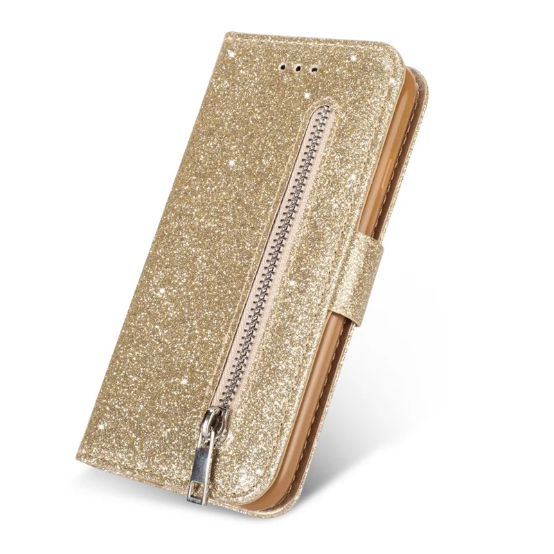 Glitter Powder Zippered Stand Leather Wallet Case with Strap for Huawei P30 Lite / nova 4e - Gold