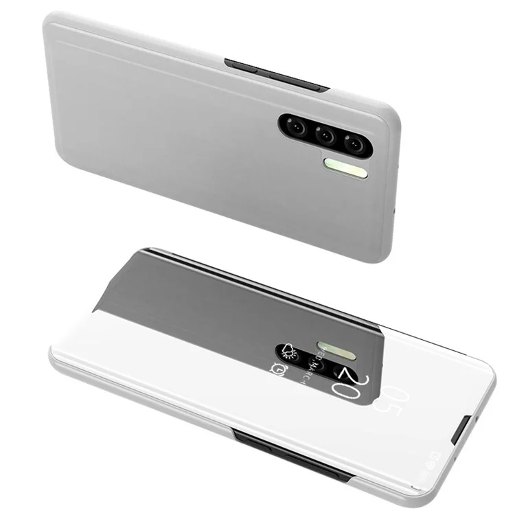 For Huawei P30 Pro Plated Mirror Surface View Window Leather Cell Phone Cover Anti-Drop Protection - Silver