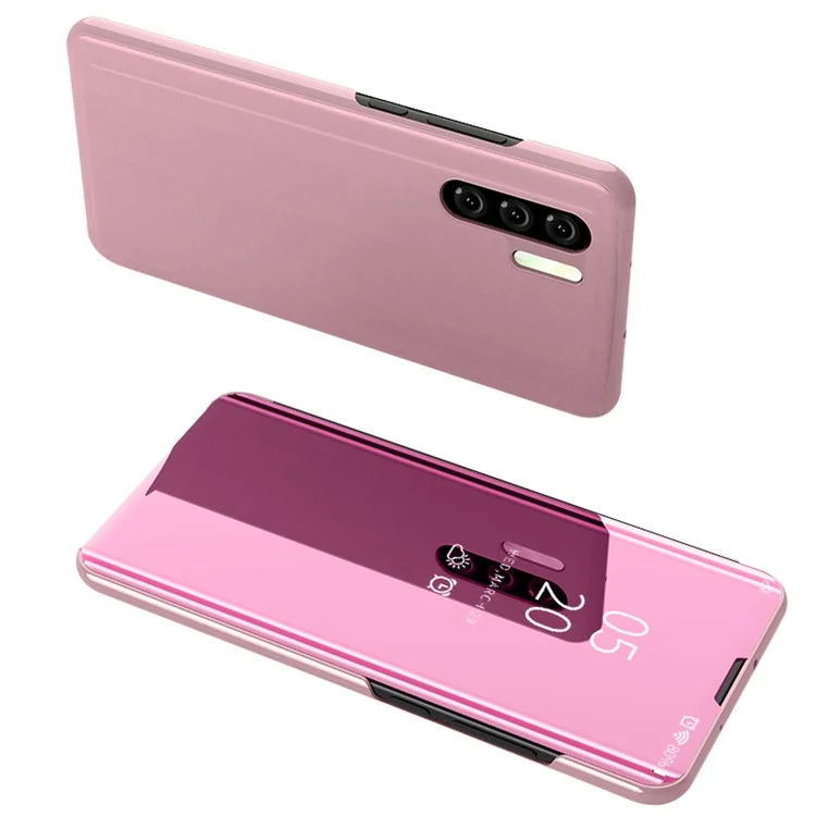 For Huawei P30 Pro Plated Mirror Surface View Window Leather Cell Phone Cover Anti-Drop Protection - Rose Gold