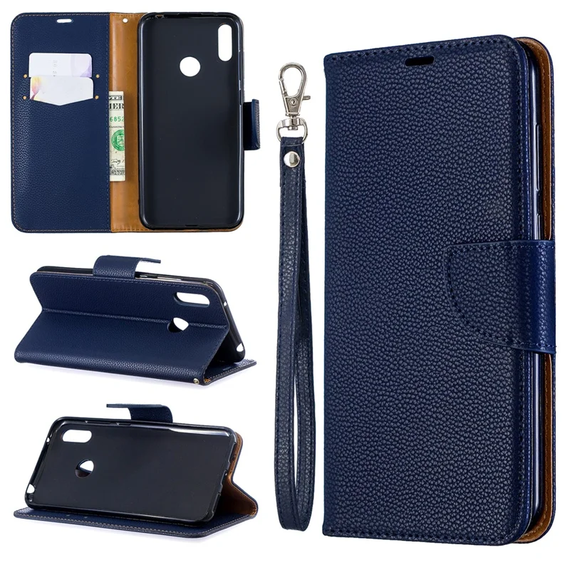 Litchi Skin PU Leather Stand Mobile Cover for Huawei Y7 (2019) / Y7 Prime (2019) - Blue