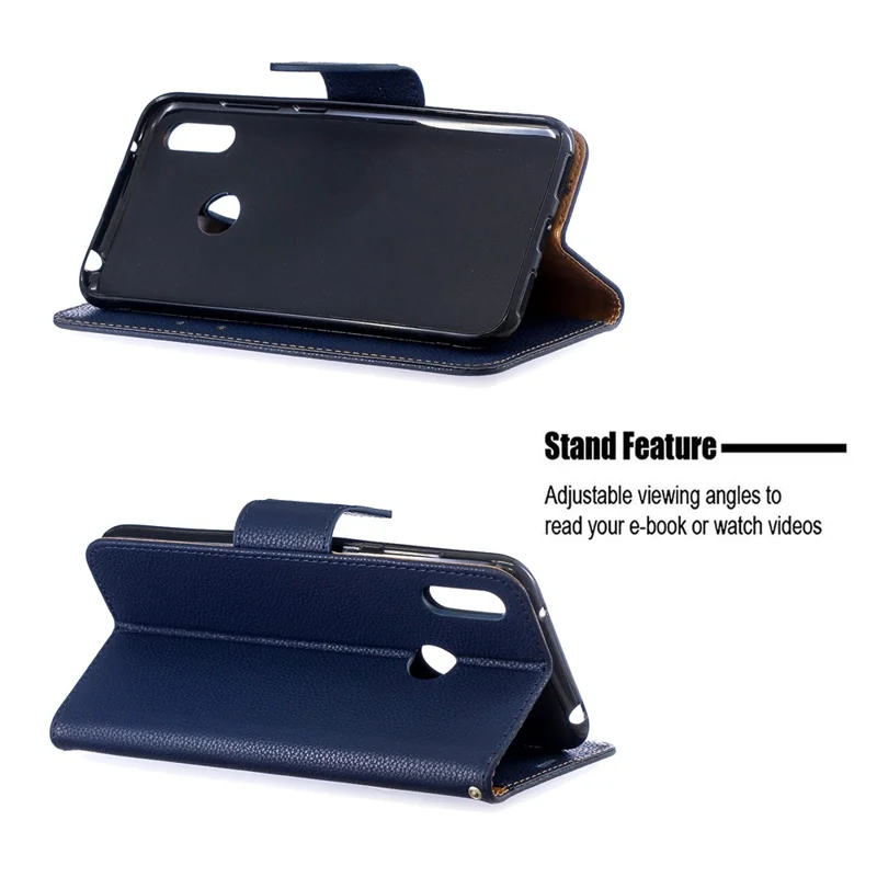 Litchi Skin PU Leather Stand Mobile Cover for Huawei Y7 (2019) / Y7 Prime (2019) - Blue