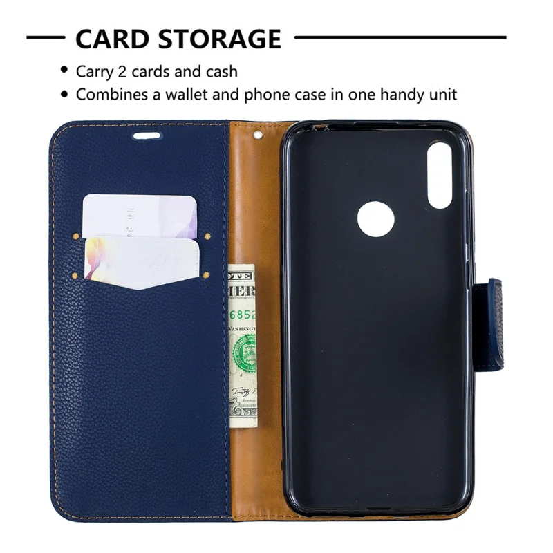 Litchi Skin PU Leather Stand Mobile Cover for Huawei Y7 (2019) / Y7 Prime (2019) - Blue