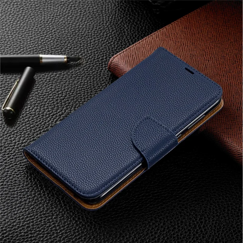 Litchi Skin PU Leather Stand Mobile Cover for Huawei Y7 (2019) / Y7 Prime (2019) - Blue