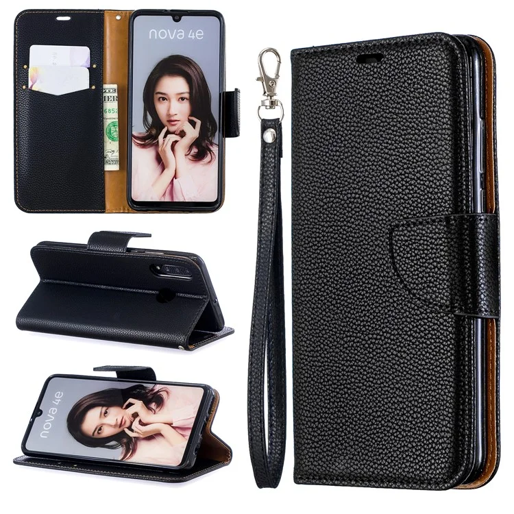 Litchi Skin PU Leather Stand Protection Shell for Huawei P30 Lite / nova 4e - Black