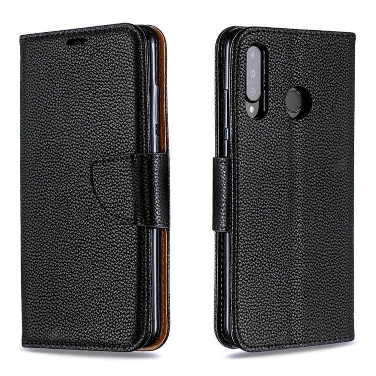 Litchi Skin PU Lederstand Schutzschale Für Huawei P30 Lite / nova 4e - Schwarz